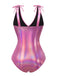 Pink 1970s Bow Deep V Gloss Hollow Swimsuit — because 1970s glamour never goes out of style