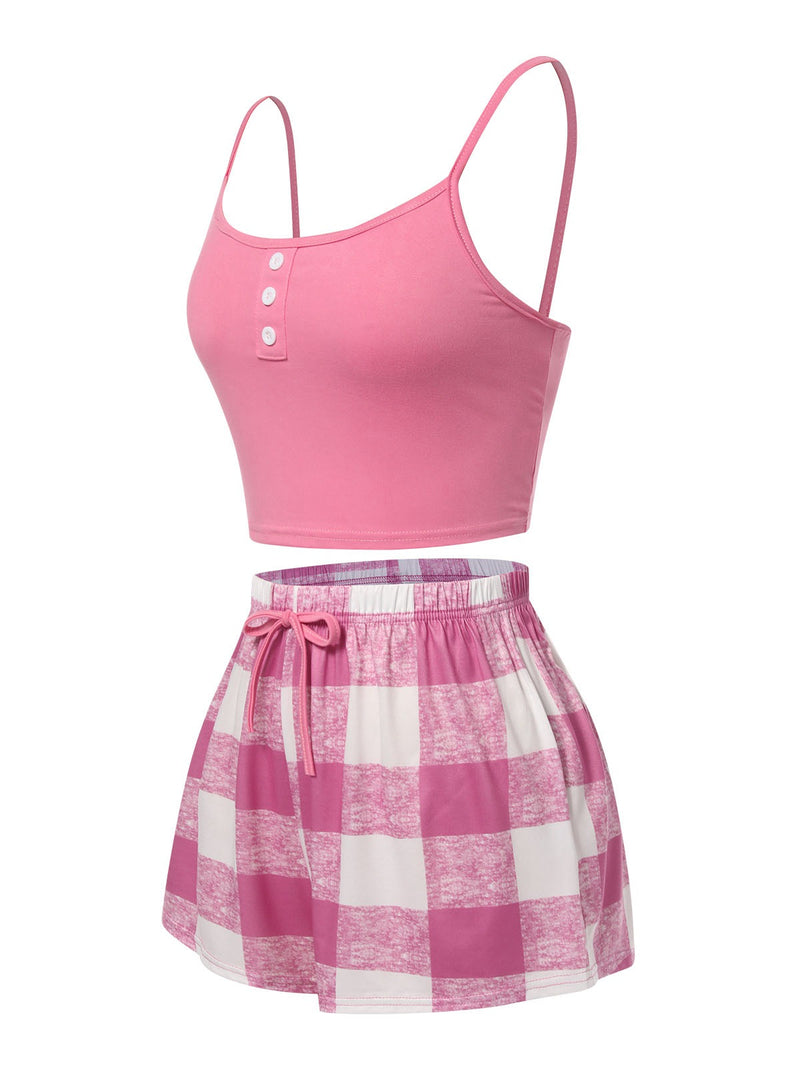 Pink 1970s Camisole Top & Plaid Shorts Pajamas | Retro Stage