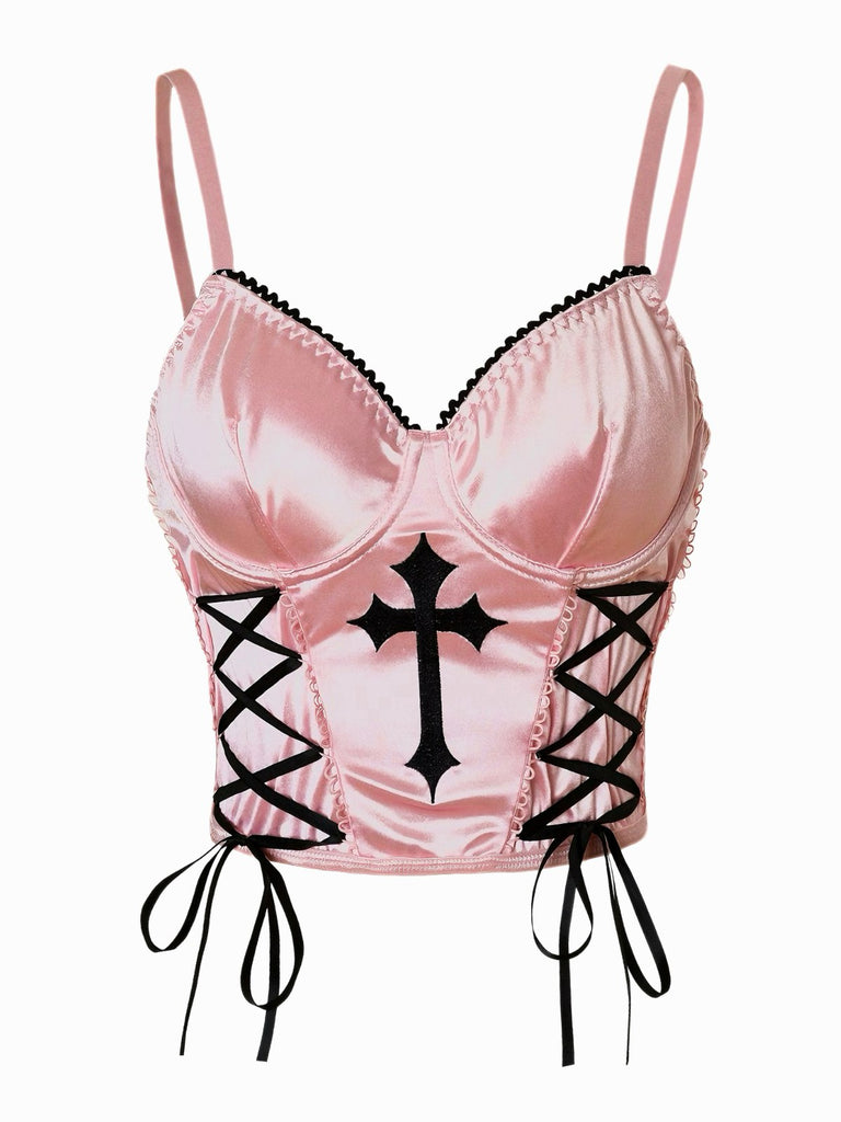 Pink 1970s Cross Gothic Satin Lace-Up Camisole - vintage fashion, retro style