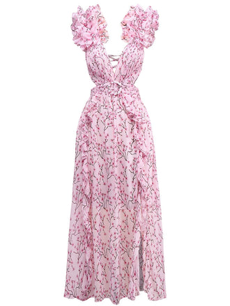 Pink 1970s Deep V-Neck Ruffle Floral Backless Dress - vintage dress, retro fashion