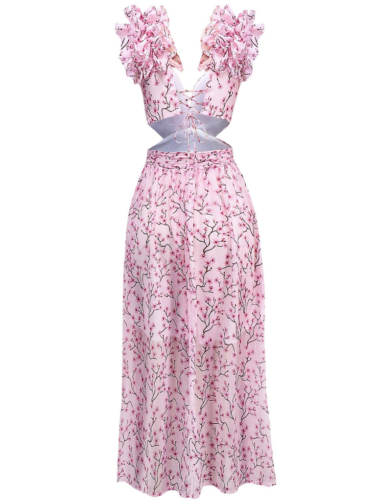Pink 1970s Deep V-Neck Ruffle Floral Backless Dress - vintage dress, retro fashion