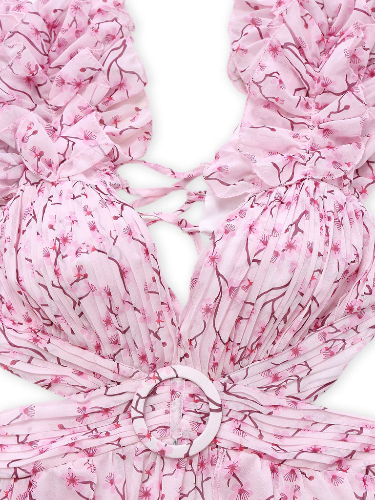 Pink 1970s Deep V-Neck Ruffle Floral Backless Dress - vintage dress, retro fashion