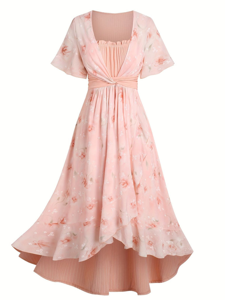 strapless open back dress Women's Floral Ruffled Irregular Hem Midi Dress, Pink / 1XL