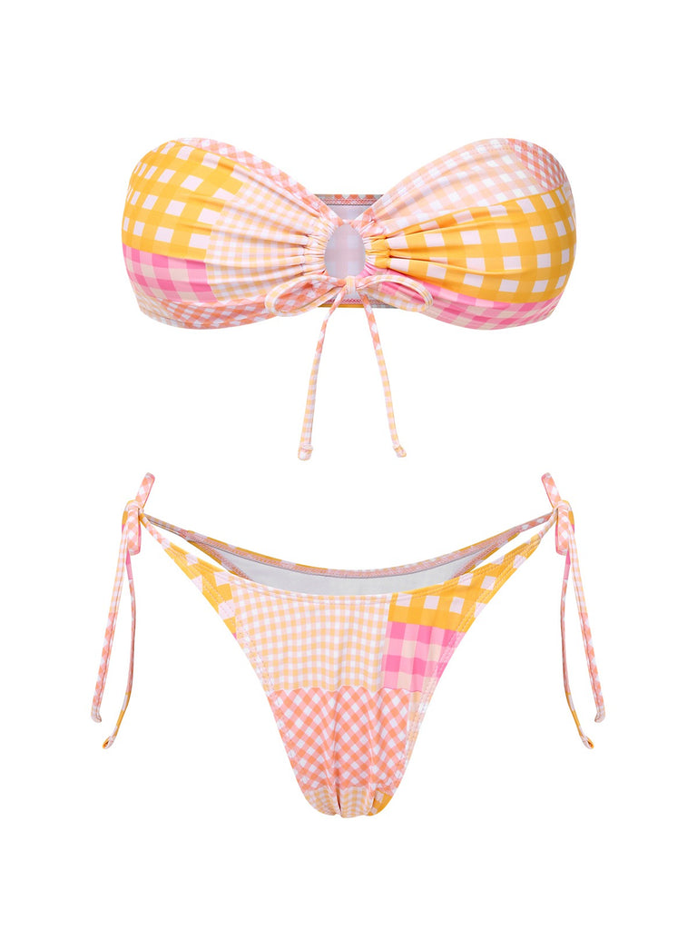 Pink 1970s Gingham Plaid Bandeau Bikini Set - vintage fashion, retro style