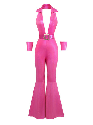 Pink 1970s Metallic Deep V-Neck Disco Jumpsuit - vintage jumpsuit, retro fashion