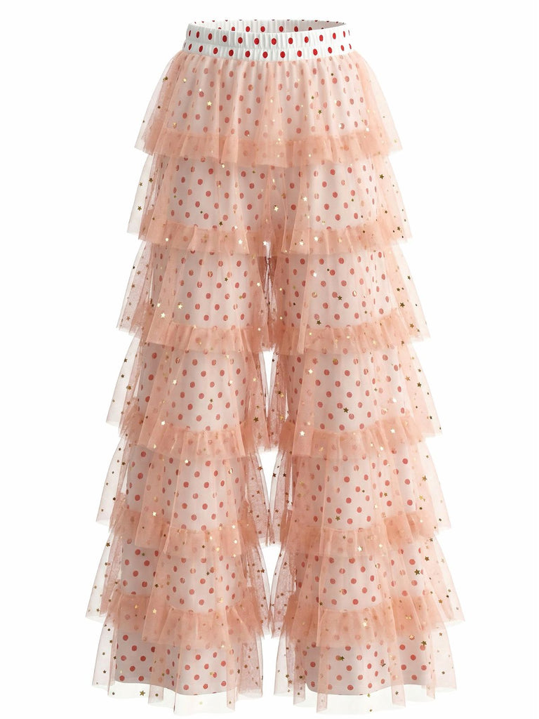 Pink 1970s Polka Dot Tulle Tiered Ruffle Pants | Retro Stage