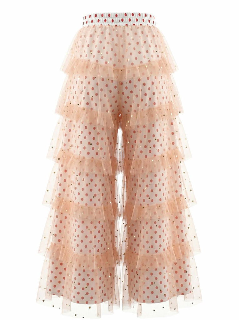 Pink 1970s Polka Dot Tulle Tiered Ruffle Pants | Retro Stage