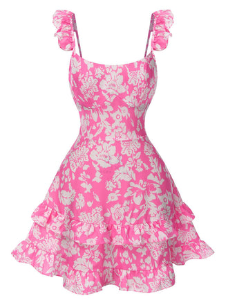 She slips into this Pink 1970s Ruffled Suspender Lace-Up Floral Dress and suddenly it's a 1970s daydream