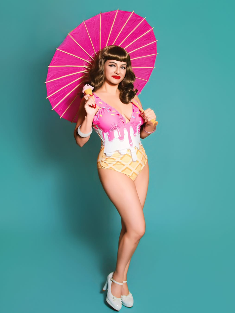 Pink 1970s Ruffled Tie Back Ice-Cream Swimsuit - vintage swimsuit, pin-up style
