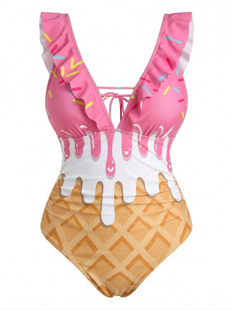 [Pre-Sale] [Plus Size] Pink 1970s Ruffled Tie Back Ice-Cream Swimsuit
