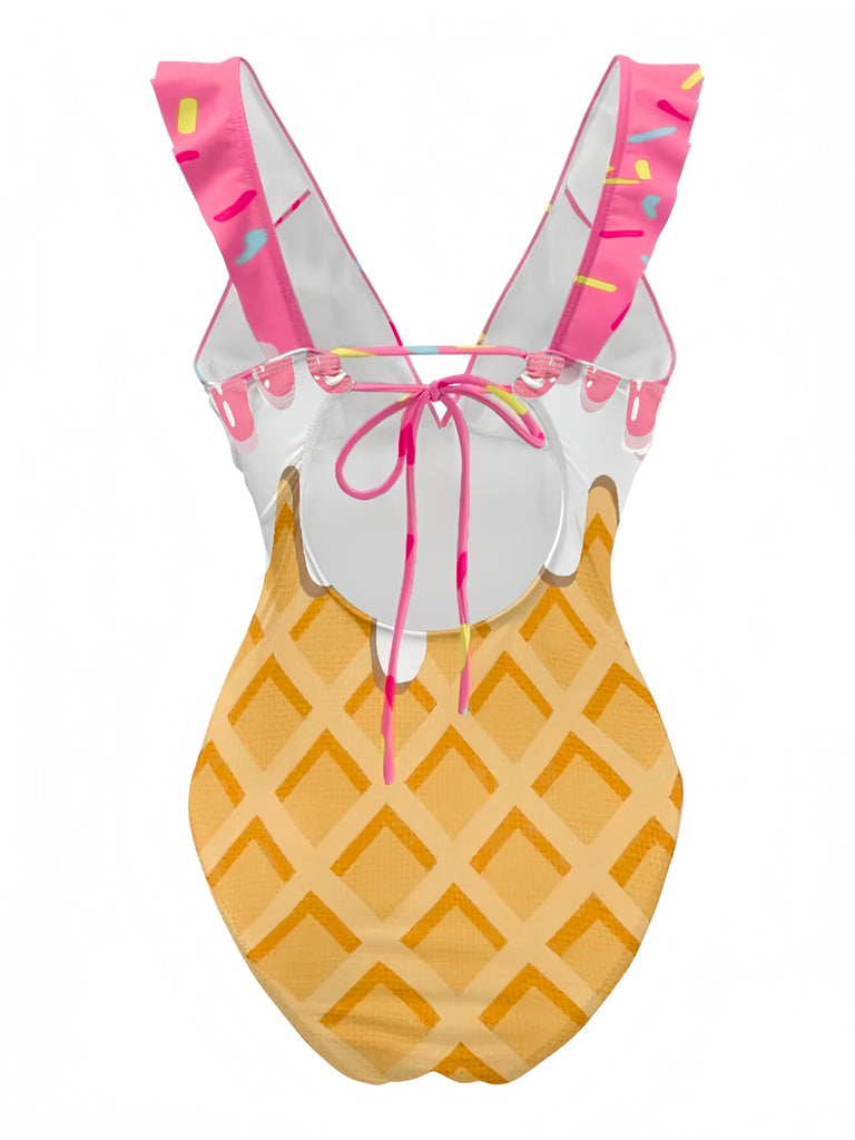 Pink 1970s Ruffled Tie Back Ice-Cream Swimsuit: 1970s Riviera elegance, reimagined for her