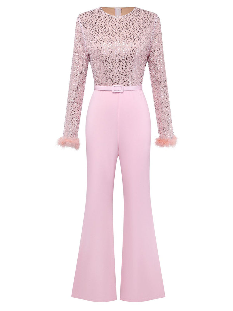 Pink 1970s Sequin Feather -Sleeve Wide-Leg Jumpsuit - vintage jumpsuit, retro fashion