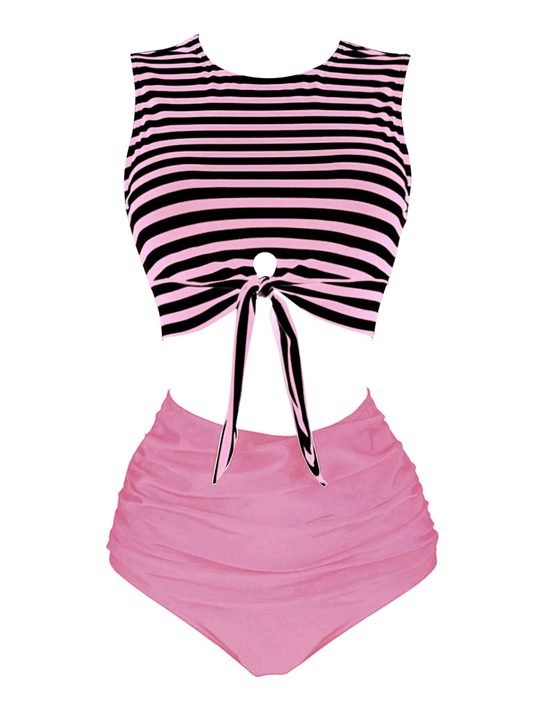 Pink 1970s Striped Waist Tie Patchwork Swimsuit, classic vintage style summer beach collection - Image 1