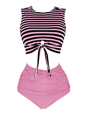 Pink 1970s Striped Waist Tie Patchwork Swimsuit, classic vintage style summer beach collection - Image 1
