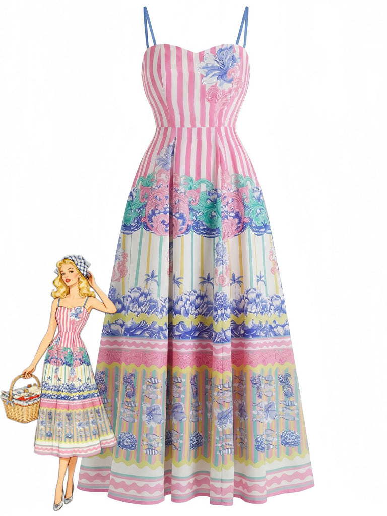 Pink 1970s Tropical Print Spaghetti Straps Maxi Dress