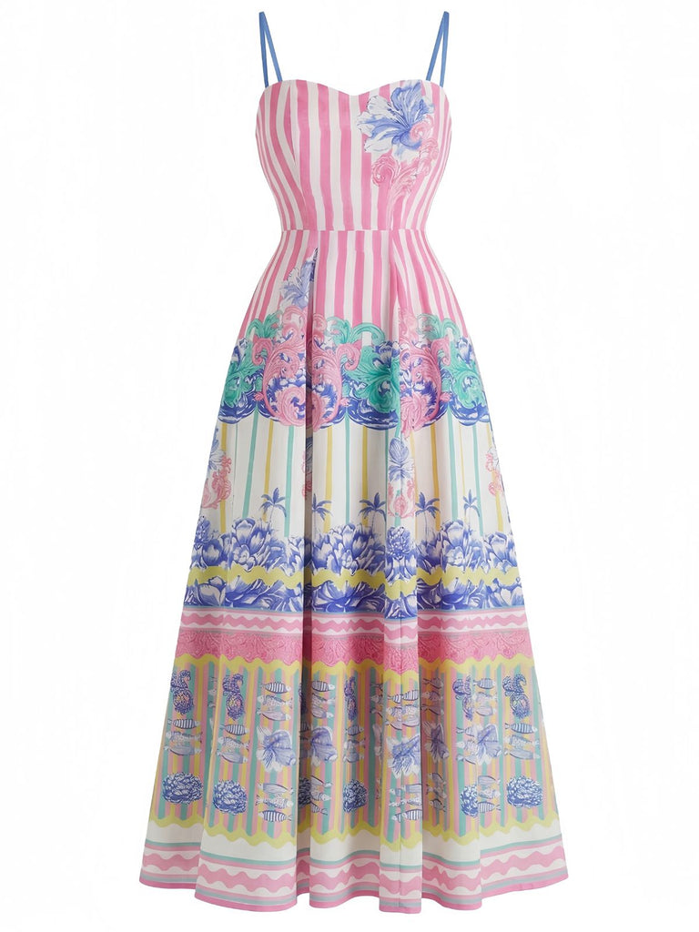 Pink 1970s Tropical Print Spaghetti Straps Maxi Dress Pink 1970s Tropical Print Spaghetti Straps Maxi Dress