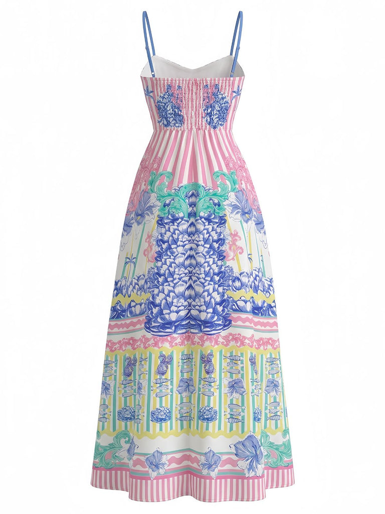 1970s maxi dress pattern Pink 1970s Tropical Print Spaghetti Straps Maxi Dress