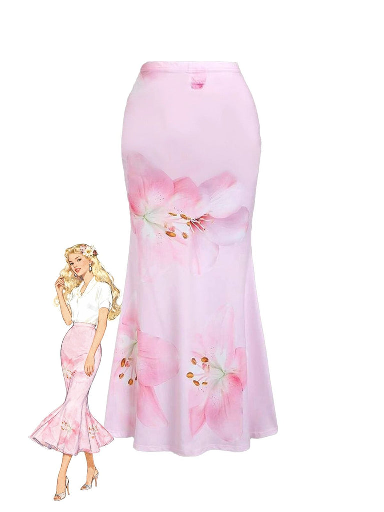 Pink 1980s Floral High-Waist Mermaid Maxi Skirt - vintage skirt, retro style, swing skirt for vintage lovers