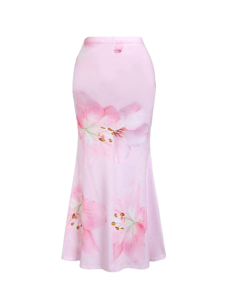 Pink 1980s Floral High-Waist Mermaid Maxi Skirt: beautiful vintage skirt, retro style, swing skirt with timeless appeal