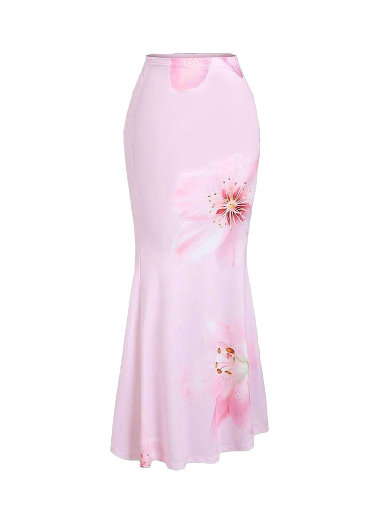 Pink 1980s Floral High-Waist Mermaid Maxi Skirt | vintage skirt, retro style, swing skirt - perfect for retro fashion enthusiasts