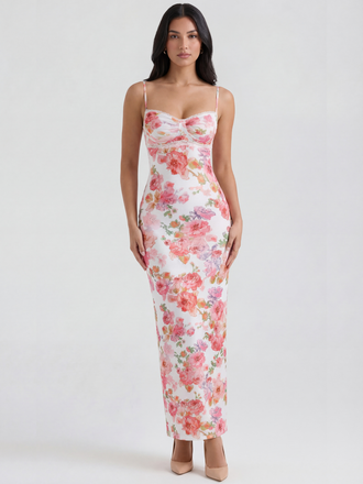 Pink 1980s Floral Print Slip Bodycon Maxi Dress - vintage dress, retro fashion