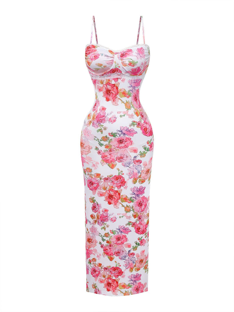 Pink 1980s Floral Print Slip Bodycon Maxi Dress