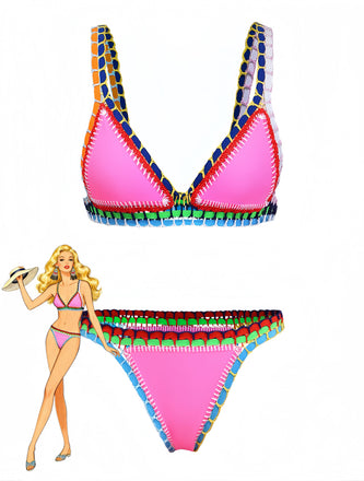 Pink 1980s Knitted Colorful Ribbons Bikini Set - vintage swimwear, retro swimsuit, pin-up style for vintage lovers