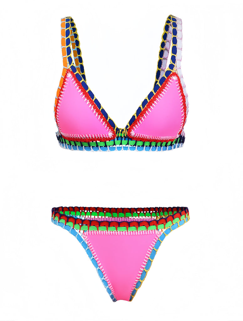 Pink 1980s Knitted Colorful Ribbons Bikini Set: beautiful vintage swimwear, retro swimsuit, pin-up style with timeless appeal