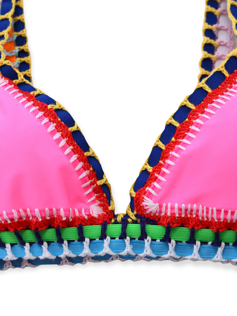 Pink 1980s Knitted Colorful Ribbons Bikini Set - vintage swimwear, retro swimsuit, pin-up style for vintage lovers