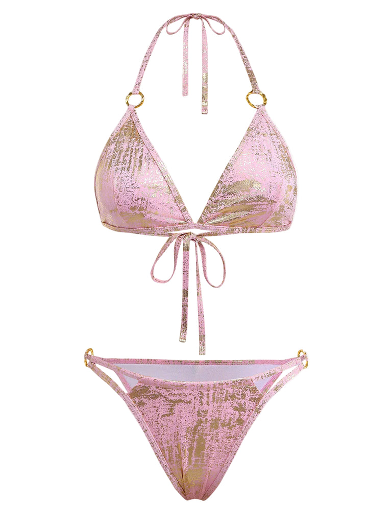 Pink-1980s-Metallic-Ring-Triangle-Halter-Bikini-Set, vintage, retro, swimwear