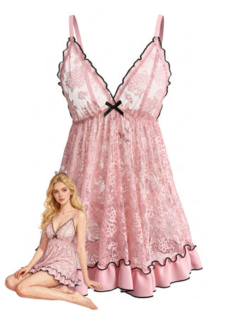 Pink 1980s Sheer Lace Ruffle Hem Babydoll Nightgown, vintage fashion, retro style - perfect for women who love vintage and retro fashion