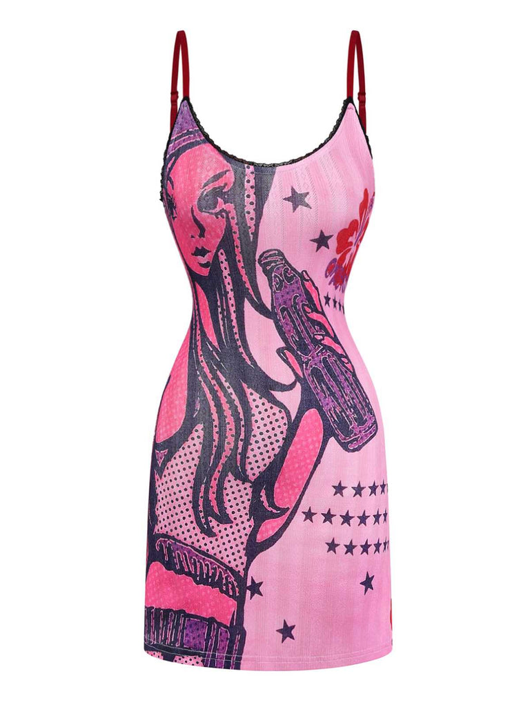 Pink 2000s Slip Lace Trim Cartoon Print Dress Pink 2000s Slip Lace Trim Cartoon Print Dress