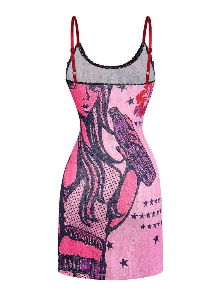 Pink 2000s Slip Lace Trim Cartoon Print Dress - vintage dress, retro fashion