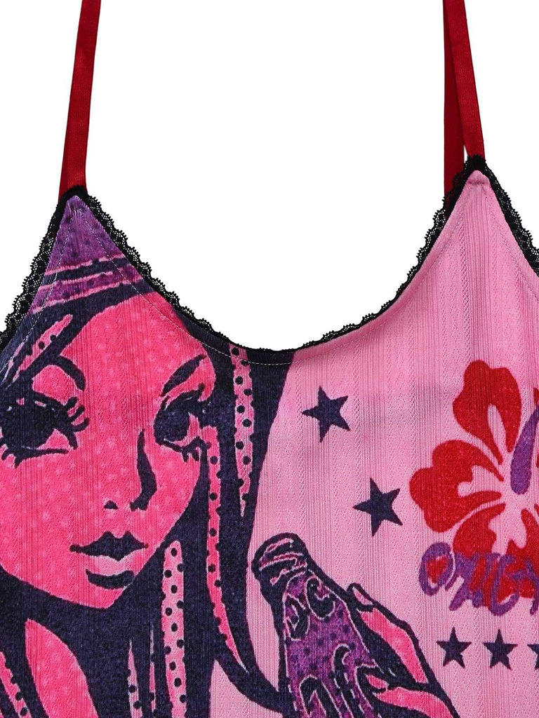 Pink 2000s Slip Lace Trim Cartoon Print Dress - vintage dress, retro fashion
