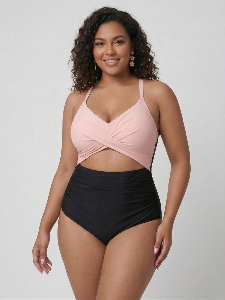 Pink & Black 1940s Hollow Waist Patchwork Swimsuit - vintage swimsuit, pin-up style, classic black