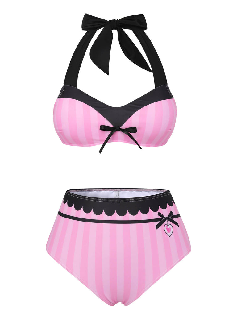 Pink & Black 1950s Stripe Halter Swimsuit, vintage swimsuit, pin-up swimwear - perfect for women who love vintage and retro fashion