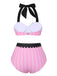 Pink & Black 1950s Stripe Halter Swimsuit, vintage swimsuit, pin-up swimwear - perfect for women who love vintage and retro fashion