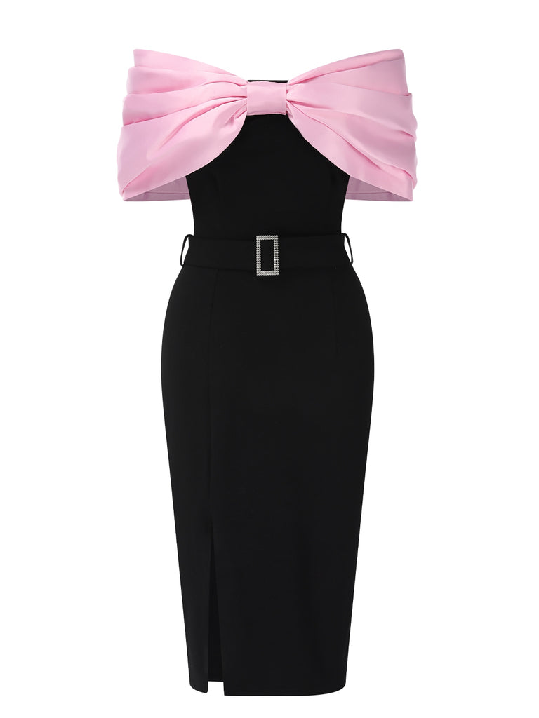 Retro Stage Bow Off-Shoulder Belted Bodycon Dress Pink & Black Retro Stage Bow Off-Shoulder Belted Bodycon Dress Pink & Black