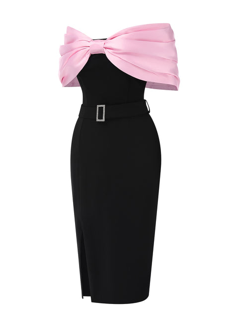Retro Stage Off-Shoulder Bow Belted Midi Dress Pink & Black