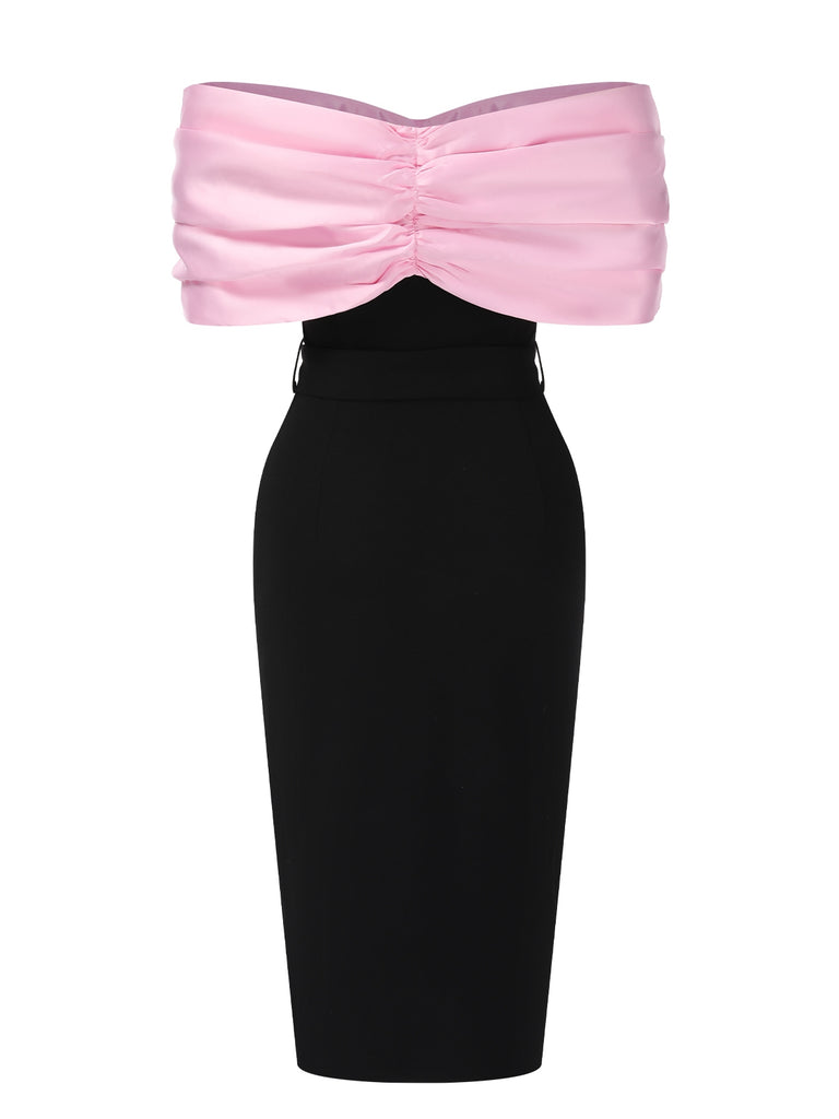 Retro Stage Bow Off-Shoulder Belted Bodycon Dress Pink & Black Retro Stage Bow Off-Shoulder Belted Bodycon Dress Pink & Black