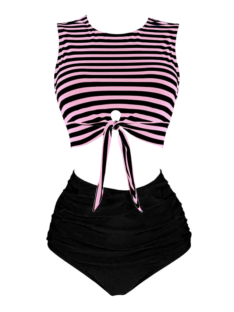 Pink & Black 1970s Striped Waist Tie Patchwork Swimsuit, classic vintage style summer beach collection - Image 1