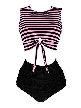 Pink & Black 1970s Striped Waist Tie Patchwork Swimsuit, classic vintage style summer beach collection - Image 1