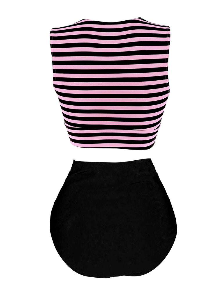 Pink & Black 1970s Striped Waist Tie Patchwork Swimsuit, classic vintage style summer beach collection - Image 2