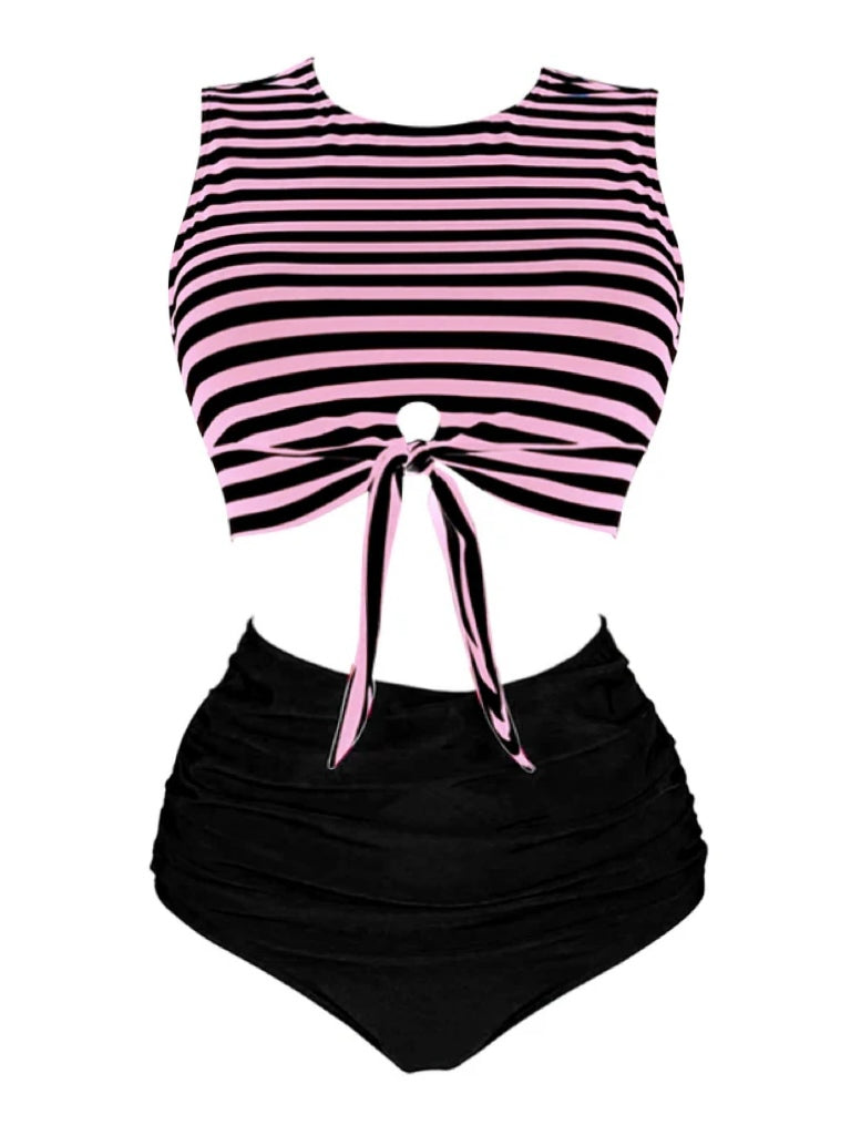 She's wearing Pink & Black 1970s Striped Waist Tie Patchwork Swimsuit and the whole beach remembers the 1970s