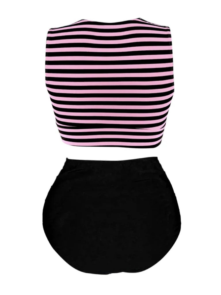 Pink & Black 1970s Striped Waist Tie Patchwork Swimsuit: 1970s Riviera elegance, reimagined for her