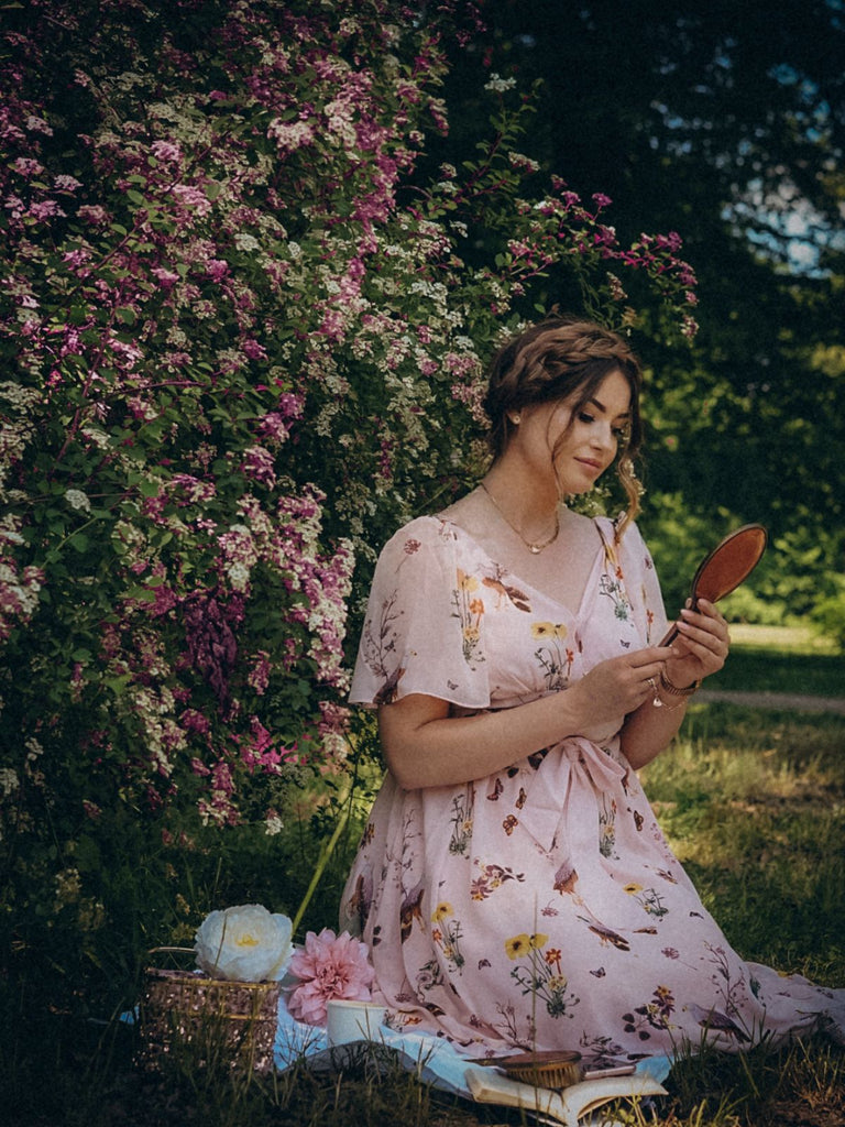 Pink Flowers And Birds Bowknot V-Neck Dress: timeless style reimagined