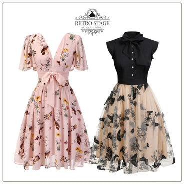 Pink Flowers And Birds Bowknot V-Neck Dress: timeless style reimagined