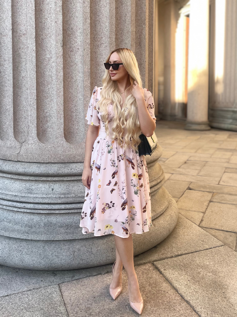 She slips into this Pink Flowers And Birds Bowknot V-Neck Dress and suddenly it's a vintage daydream