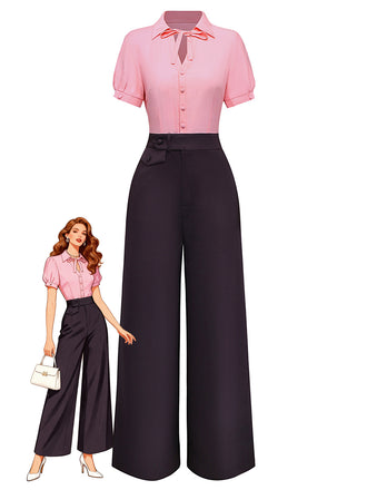 Pink & Gray 1930s Bow Collar Lapel Jumpsuit - vintage jumpsuit, retro fashion