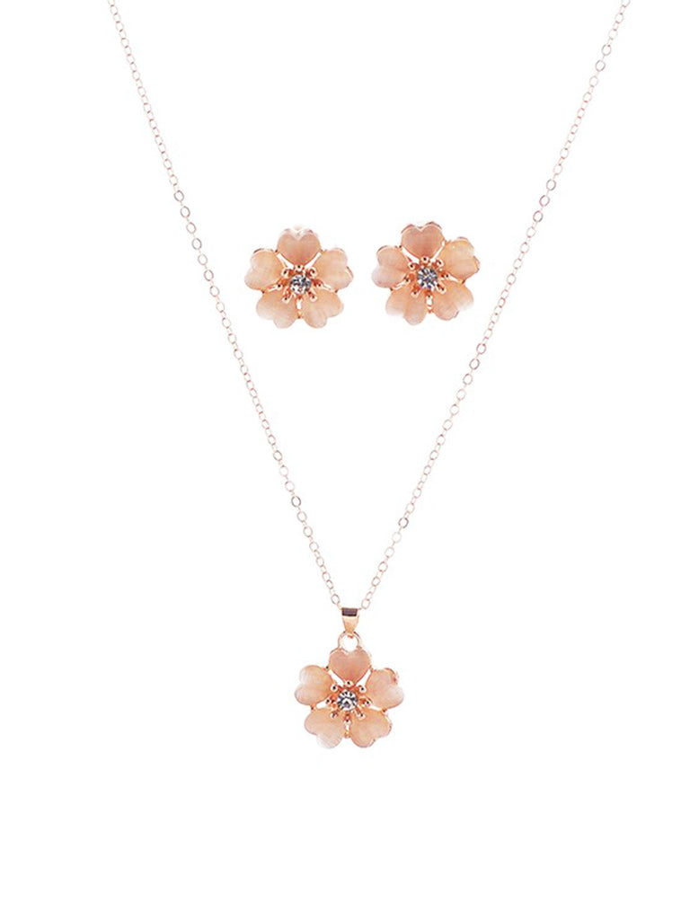 Pink Pendant Crystal Flower Necklace & Earrings Set - vintage fashion, retro style